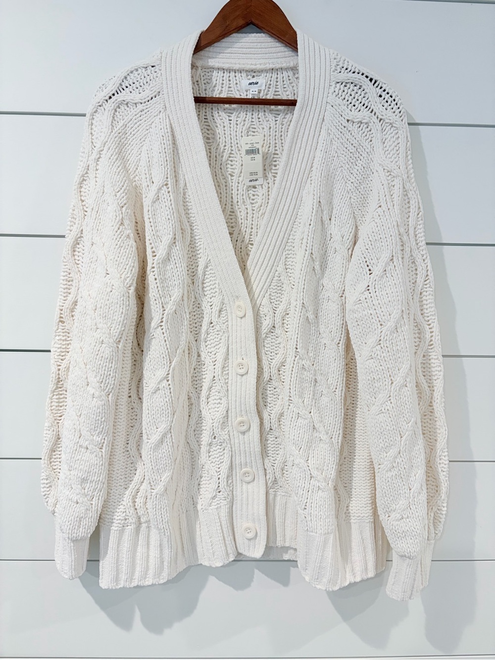 Aerie Cream Cable Knit Cardigan M Coastal Grandmacore Cottagecore